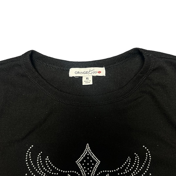 Y2K Orange Kiss Silver Rhinestone Cross Black Tee Grunge - Picture 3 of 6